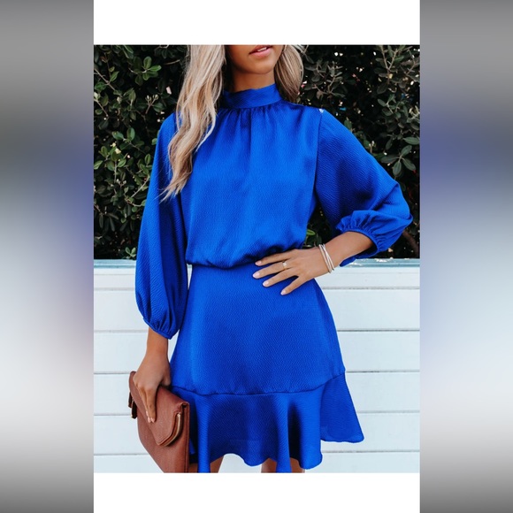 TEXTURED SATIN DRESS - ROYAL BLUE - Picture 2 of 12